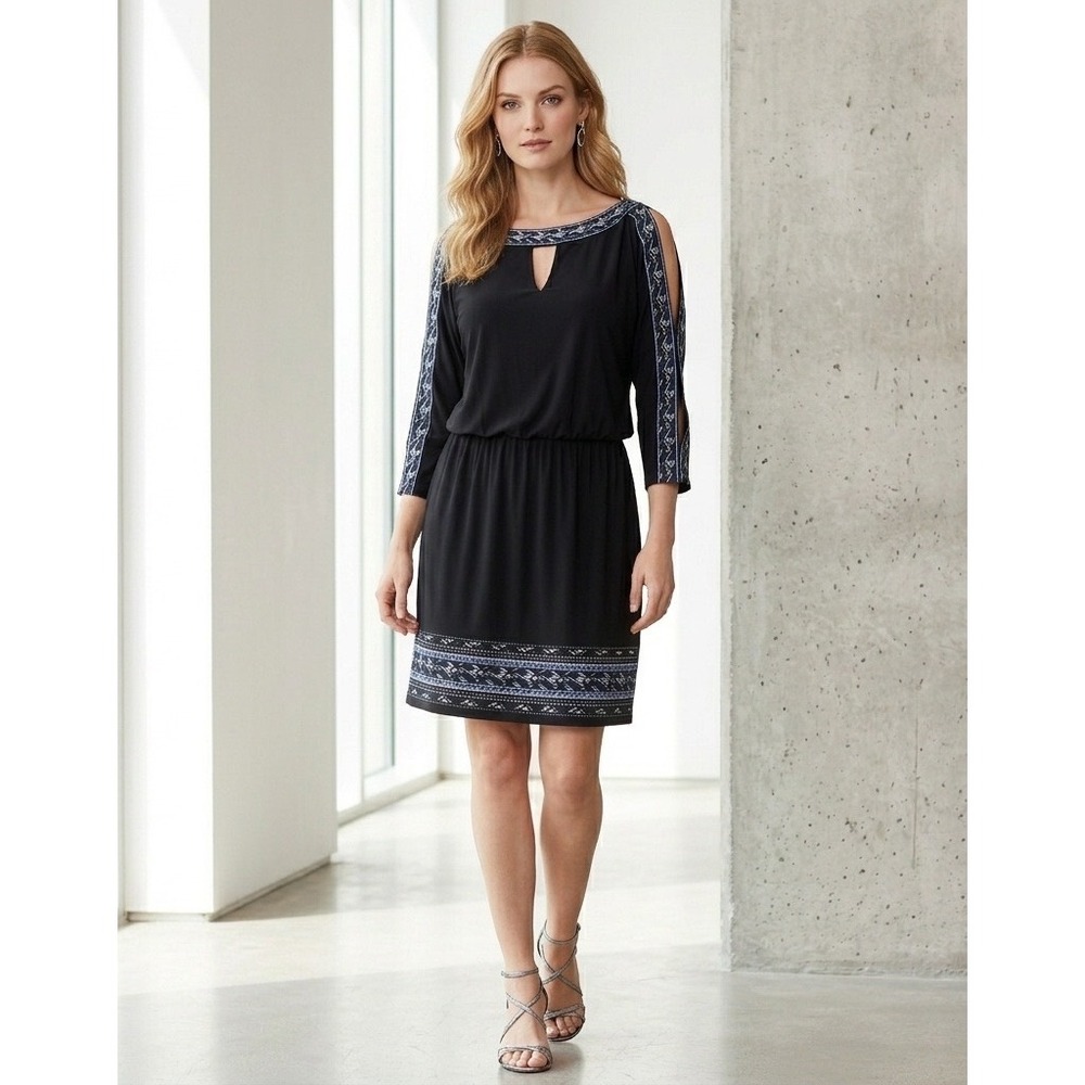 WHBM Black Embroidered‎ Blouson Dress XS Cold Shoulder Studded Boho Chic Party